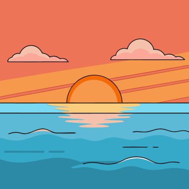 Gün batımının nefes kesen görüntüsü sakin bir okyanusun üzerine ılık renkler döküyor. Hafif dalgalar kıyıya vuruyor. Huzur ve yansımayı davet ediyor. Yapay zeka üretildi. Vektör simgesi