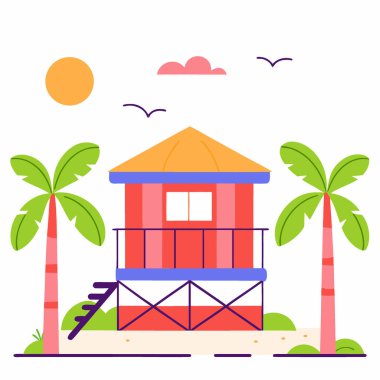 Su renginde büyüleyici bir sahil kulübesi, açık mavi gökyüzüne ve dingin okyanusa karşı duruyor. Yaz ve sahile bakan bir eğlence hissi uyandırıyor. Yapay zeka üretildi. Vektör simgesi