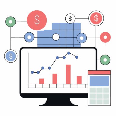 İşlem verilerini analiz ederek gerçek zamanlı finansal rapor veren bir sistem. Yapay zeka üretildi. Vektör simgesi