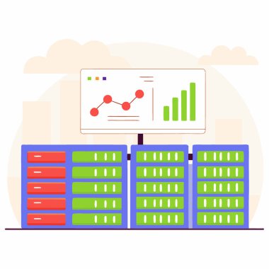 Şehir manzaralı veri merkezi sunucuları. Finansal grafik ve gösterge tablosu. Bulanık şehir Global iş ve teknoloji internet bağlantısı üzerinde. Yapay zeka üretildi. Vektör simgesi