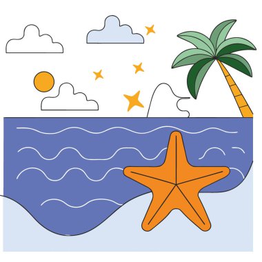 Açık deniz suyunun yanındaki kumlu sahilde bir denizyıldızı dinleniyor. Güneşli bir yaz günü. Plajda rahatlamak için mükemmel bir yer ve bolca eğlence için yapay zeka. Vektör simgesi