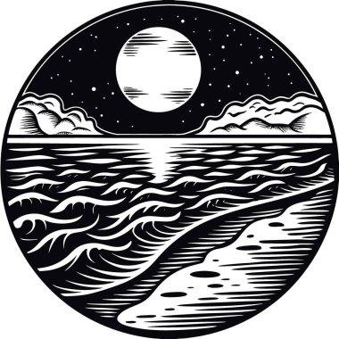 Parlak bir dolunay altında parıldayan dalgaların olduğu gece ay ışığında sakin bir plaj sahnesi. Yapay zeka üretildi. Vektör simgesi