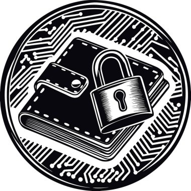 Kahverengi deri cüzdan, dijital güvenlik ve finansal korumayı sembolize eden pembe asma kilitle korunuyor. Yapay zeka üretildi. Vektör simgesi