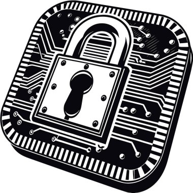 Dijital veri güvenliğini temsil eden bir mikroçipin üzerinde parlayan mavi bir asma kilit ikonu. Yapay zeka üretildi. Vektör simgesi