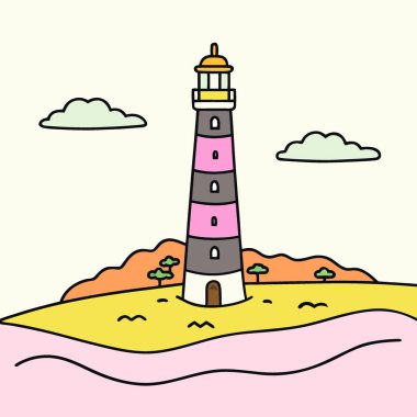 Sahne deniz feneri masmavi gökyüzüne karşı dimdik duruyor. Huzurlu sahile bakıyor. Yumuşak dalgalar altın kumu hafifçe okşuyor. Yapay zeka üretildi. Vektör simgesi