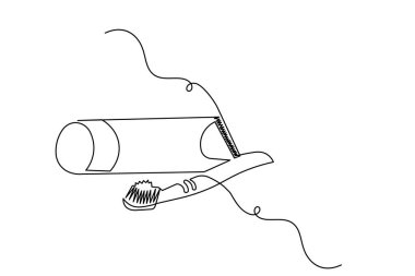 Diş fırçası ve yapıştırma minimalist taslak biçiminde sürekli bir tek çizgi çizer
