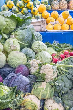 Ekvador 'un en büyük ve geleneksel pazarlarından biri olan Otavalo pazarında renkli taze sebzeler sergileniyor..
