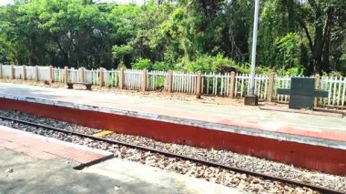 4K pan Muthamada istasyonu, Palakkad. Pervane köklerine sahip devasa bir Banyan ağacı boş bir platformu gölgeliyor ve güneş ışığıyla döşenmiş bankta oturuyor. Huzurlu Kerala film konumu seyahat ve doğayı çağrıştırıyor