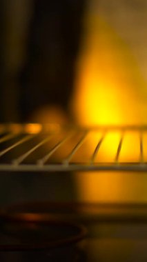 Sıcak fırına konan bir hindi bacağının yakın plan çekimi. Altın ışıklandırma ve sığ alan derinliği sıcak ve rahat bir atmosfer yaratır. Yemek videoları, yemek blogları, tatil tarifleri için mükemmel.