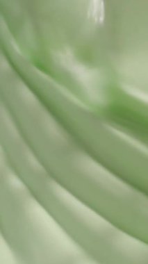 Karıştırıcıyla çırpılmış yeşil krema yakın çekim. Tatlı hazırlama, pasta dekorasyonu ya da kozmetik ve cilt bakımı için arka plan için mükemmel ağır çekimde parlak ve kabarık bir doku..