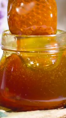 Kavanozdan dökülen kalın, altın balın yakın plan görüntüsü pürüzsüz dokusunu ve zengin rengini ön plana çıkarıyor. Tatlandırıcı ya da tostun üzerine sürmek için ideal, bu bal lezzetli görünüyor..