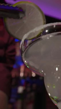 Barmen margaritayı ustalıkla hazırlıyor, kenarına tuz ekliyor ve taze limonla süslüyor. Parlak bar havası hoş içki deneyimini arttırır..