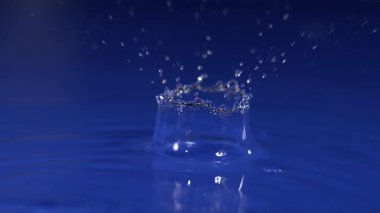 Bir su damlası canlı mavi bir sıvının içine düşer ve etkileyici bir sıçrama yaratır. Çarpışma sonucu oluşan çarpıcı desenleri ve dalgalanmaları yakaladığı an..