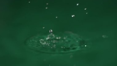 Su damlacıkları düşer ve pürüzsüz yeşil bir yüzey üzerinde büyüleyici dalgalanmalar yaratır. Her damlacık eşsiz desenler oluşturur..