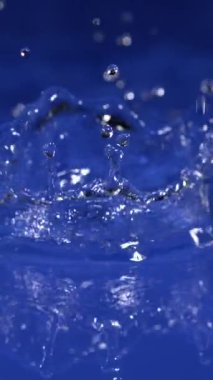 Bir bardaktan yükselen su damlaları parlak mavi bir zemin üzerinde ışıl ışıl damlalar oluşturur. Sahne, hareketli suyun güzelliğini ve akıcılığını yakalar..