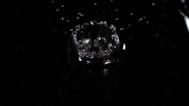 Yükseklerden suyla dolu bir bardak, muhteşem bir sıçramaya neden olur. Su damlacıkları her yöne dağılır ve karanlık arkaplana karşı büyüleyici bir görüntü oluşturur..