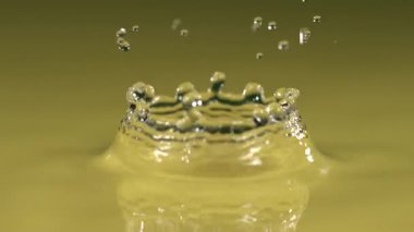 Su damlacıkları altın sıvının içine düşer, çarpıcı sıçramalar ve dalgalanmalar yaratır. Işık ve hareketin etkileşimi büyüleyici bir görsel deneyim sunar..