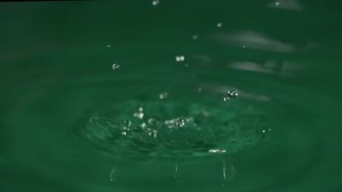 Bir su damlası yeşil bir yüzeye düşer ve bir sıçrama yaratır. Su damlacıklarının ve dalgaların hareketi daireler çizerek yayıldıkça net bir şekilde görülebilir..