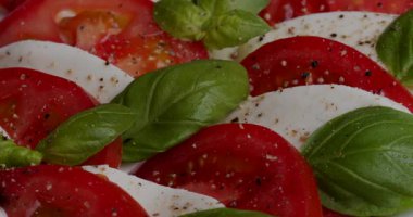 Taze mozzarella ve dilimlenmiş domatesler bir tabakta düzenlenir. Fesleğen yaprakları ekleniyor ve üzerine baharatlar serpiştiriliyor. Bu yemek basit ve renkli, taze malzemelerin altını çiziyor..