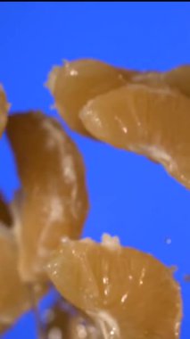 çok yavaş çekim mandalina segmentleri yavaş çekimde canlı mavi arkaplan üzerinde yüzüyor, su boncukları