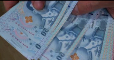 Bir kişi 50 pezoluk banknotları sayıp düzenliyor. Ayarlama, nakit işleminin bir parçası olarak gün boyunca bir mağaza gibi görünüyor. Odak noktamız para yönetimi..