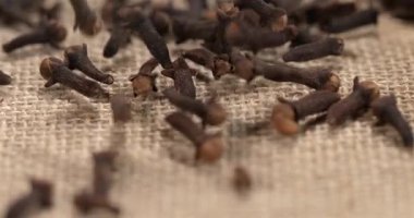 Süper yavaş çekim, geniş açılı karanfiller çuval bezi üzerinde dağılım, çoklu parçaların süper yavaş hareketi