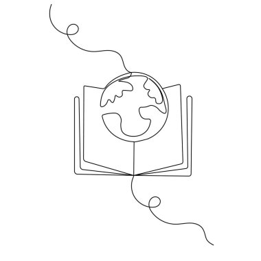 Kitap simgesine sahip dünya ana hatlı vektör illüstrasyonunun aralıksız bir çizgi çizimi