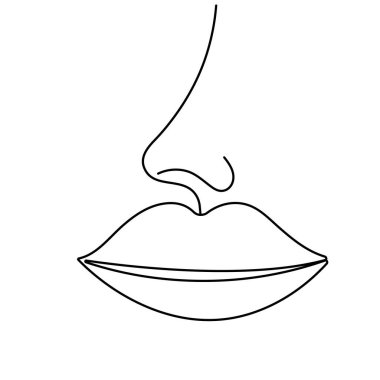 Dişi dudak ve burun, tek çizgili, minimalist ana hatlı vektör çiziminde süreklidir.