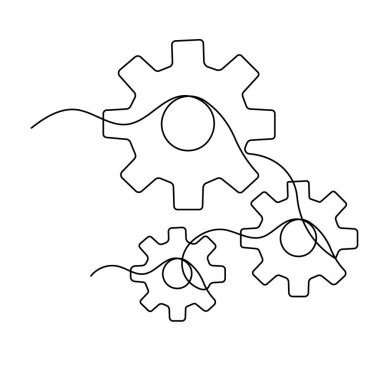 Simge ayarlanıyor, sürekli tek çizgili çizim ana hatlı vektör çizimi, tek çizgi dişli simgesi. Vektör illüstrasyonu