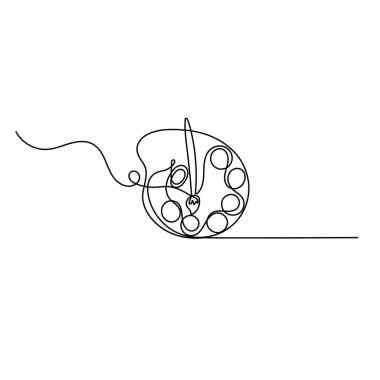 Boya paleti, sanat fırçası, sürekli tek çizgi çizimi, ve minimalist stil, izole çizim çizimi