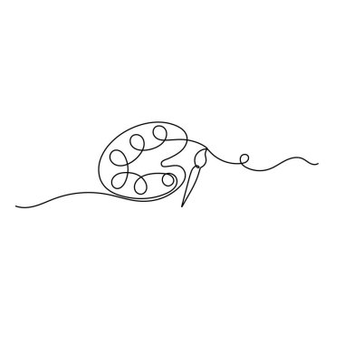 Boya paleti, sanat fırçası, sürekli tek çizgi çizimi, ve minimalist stil, izole çizim çizimi