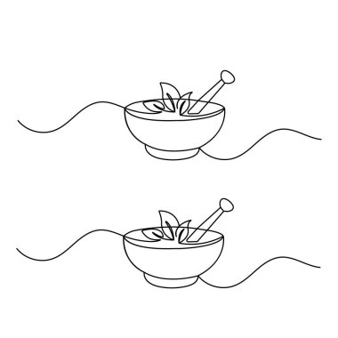 Bitkisel ilaç kasesi ve tokmak vektör illüstrasyonunun bir çizimi