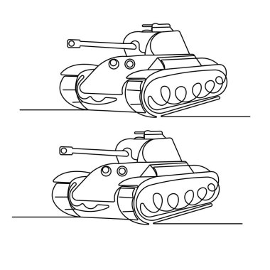 Ordu tankı, beyaz arka planda sürekli tek çizgi çizimi, minimalist vektör çizimi