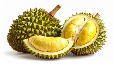 Bütün bir Durian ve yarım soyulmuş durian, beyaz bir arka planda izole edilmiş. 
