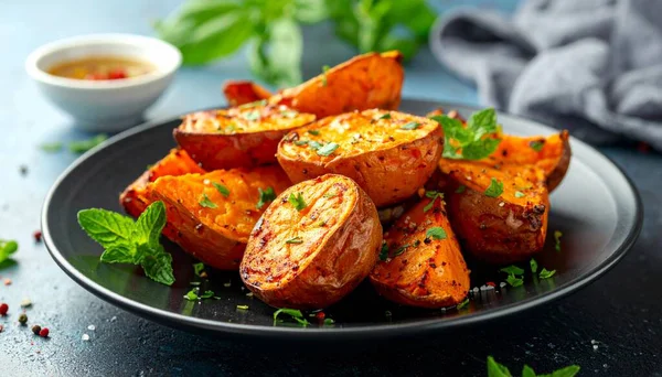 Kırsal bir tabakta servis edilen zeytinyağı ve bitkilerle kızarmış patates. 