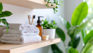 Eko sabun barları, bambu diş fırçaları ve bitkilerle çevrili ahşap raflarda estetik olarak düzenlenmiş organik havluların yer aldığı doğal bir banyo düzeni. 