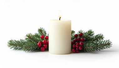 Beyaz arka planda izole edilmiş çam iğneleri ve kırmızı böğürtlenlerle çevrili neşeli bir Noel mumu. Tebrik kartları, tatil reklamları ve mevsimlik tasarım projeleri için uygun. 