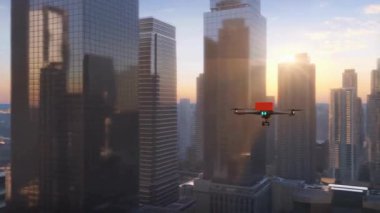 Küçük bir paket taşıyan bir dron yüksek binaların yanından geçip çatıya iniyor. 