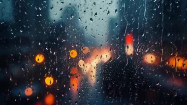 Arka planda bulanık şehir ışıkları olan cam bir pencerede kayan yağmur damlalarının karamsar arkaplanı.