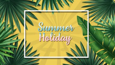 Tropik Yaz Tatili Çerçevesi Palmiye yapraklı Parlak Sarı Arkaplan