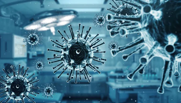 Mavi steril tıbbi atmosferde yüzen virüs parçacıklarının dinamik bir 3D görüntüsü.