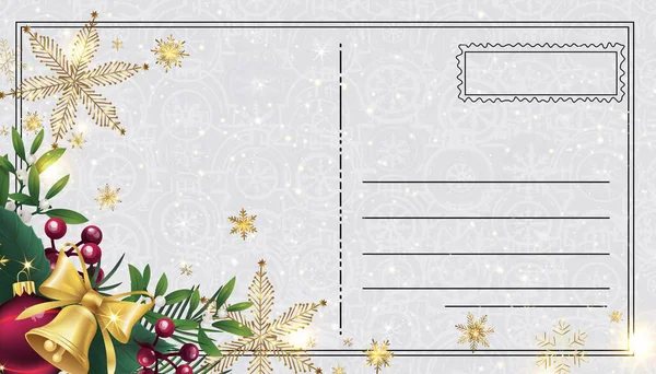Lüks temalı bir Noel posta kartı şablonu. Temiz bir pul alanı, zarif kar taneleri aksanları ve şenlikli altın süslemeleri içeriyor..