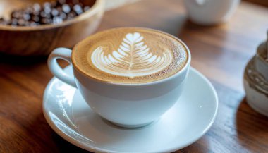 Süt köpüklü, sıcak latte üzerinde yüzen yaprak şeklinde güzel bir latte sanatı.