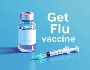 Grip Aşısı Tıbbi Tipografisini Aşı ve Maskeyle Mavi Arkaplanda Al