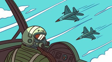 dinamik F-16 savaş uçağı kokpiti görüntüsü. Pilot hareket halinde. Mavi gökyüzünde ve bulutlarda filo formasyonuyla uçuyor.