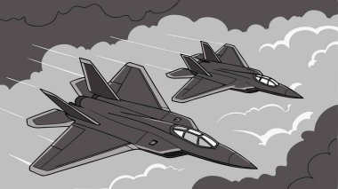 Modern savaş jetleri bulutlu gökyüzünde hızla ve hassasiyetle süzülür gelişmiş askeri havacılık gücü ve yüksek irtifada dinamik hareket gösterir.