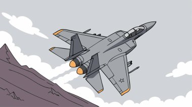 Dinamik askeri jet uçakları engebeli dağların üzerinde çift motorlu ve güçlü egzoz yollarıyla süzülüyor dramatik gökyüzü uçuşlarında hız hassasiyeti ve havacılık gücünü gösteriyor.
