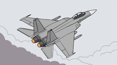 dinamik modern savaş jeti çizimi çift motorlu ve art yakıcılarla bulutlu gökyüzünde yükselen gelişmiş havacılık tasarım hızı ve askeri teknoloji gösteriyor.