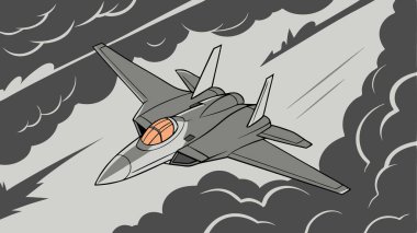 Modern savaş jeti dramatik bulutlu gökyüzünde süzülüyor. Hız çevikliği ve gelişmiş askeri havacılık teknolojisi aksiyon ve uzay temaları için mükemmel.