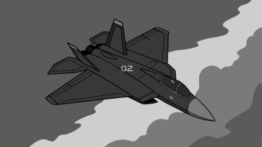 Havacılık ve askeri temalı görseller için mükemmel atmosferik gökyüzünde uçan parlak dizayn ikiz dengeleyicileri ve güçlü varlığıyla dinamik modern savaş jeti çizimi